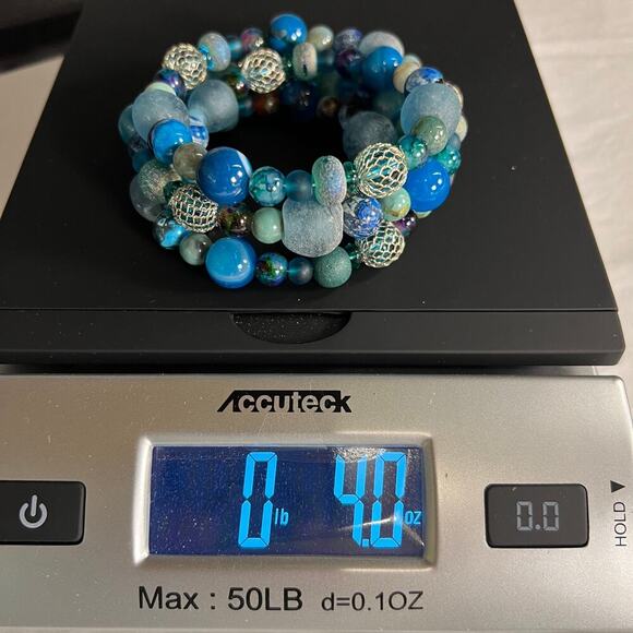 Hand Beaded Coil Statement Bracelet Beachy Turquoise Beads and Mixed Metals - Picture 10 of 10